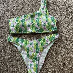 SHEIN Green Floral One-Shoulder Bikini